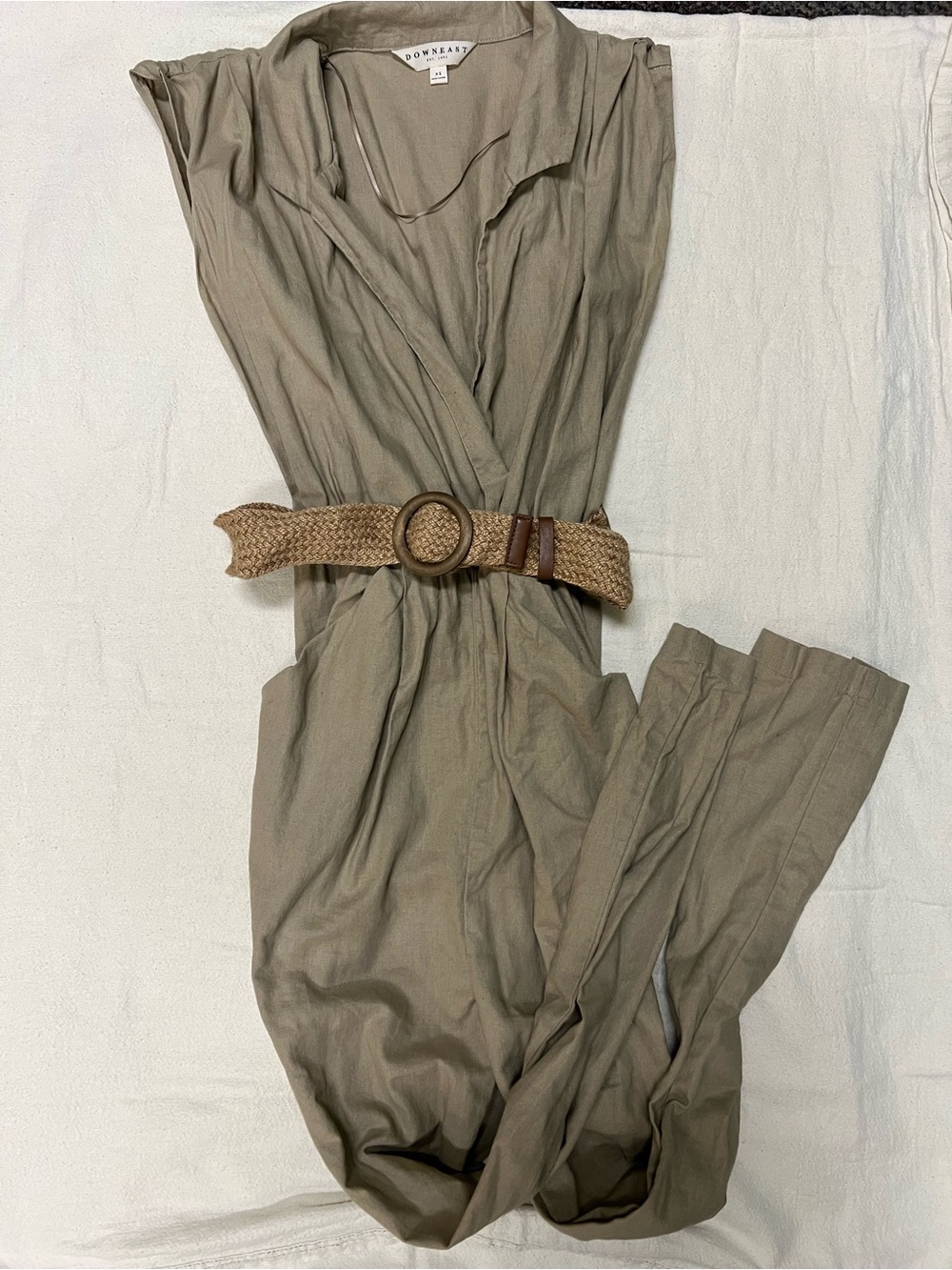 DownEast Olive-Taupe Sleeveless Jumpsuit with Woven Belt